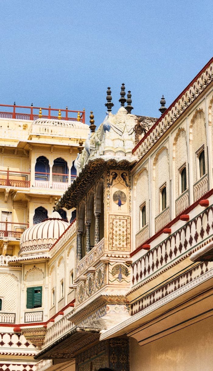 Close-up of ornate facade detailing in a historic Indian palace under a clear blue sky.